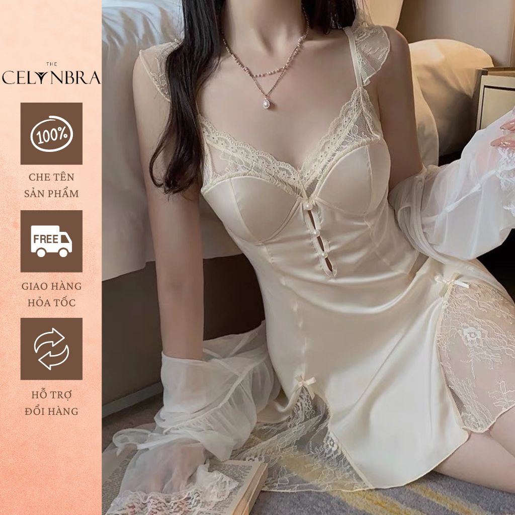 Váy ngủ lụa satin có mút ngực phối dây cánh tiên sexy THE CELYNBRA - V115