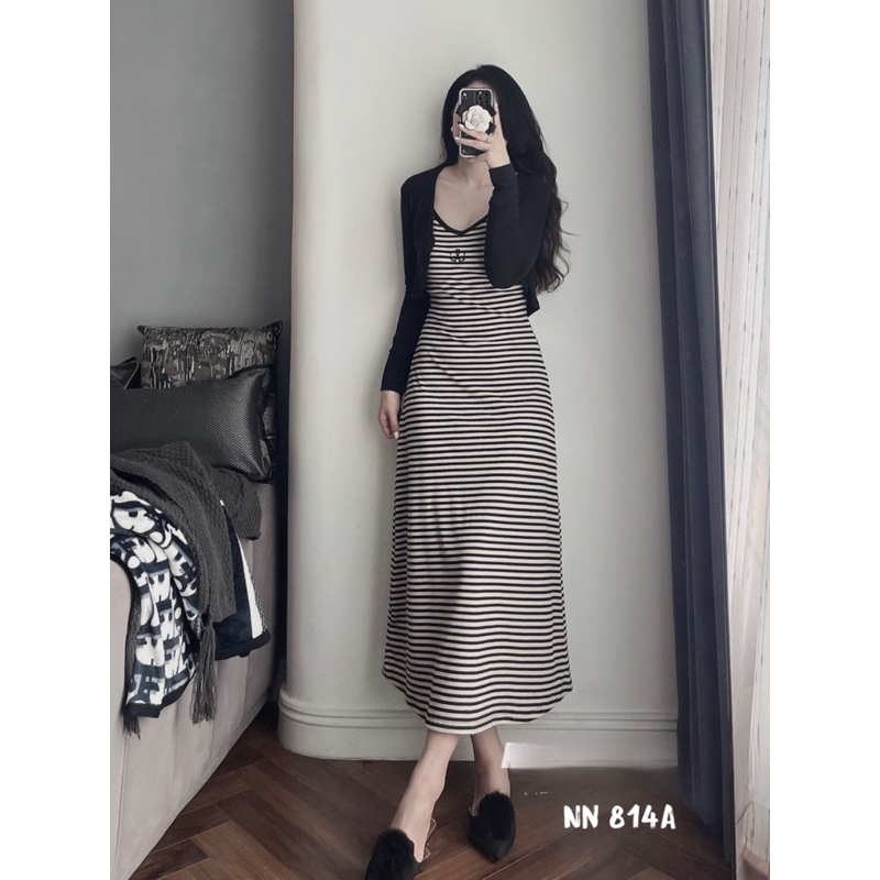 Set váy body kẻ mix áo cadigan dài tay siêu xinh