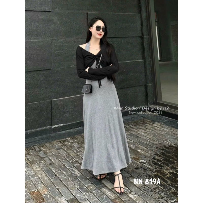 Set váy cổ yếm trơn dáng dài mix áo khoác ngoài rút dây