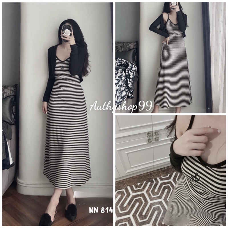 Set váy body kẻ mix áo cadigan dài tay siêu xinh
