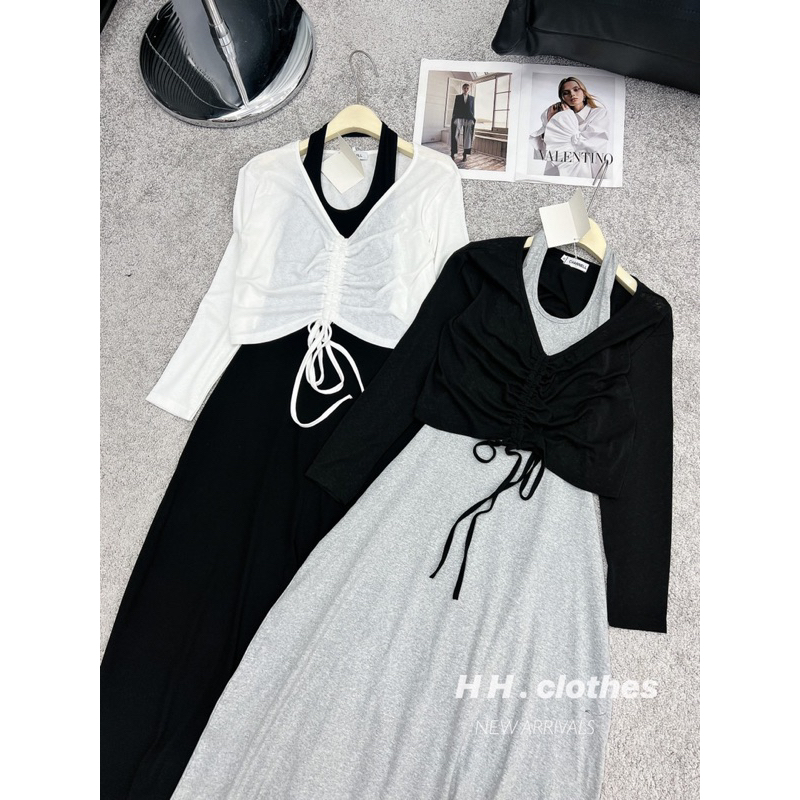 Set váy cổ yếm trơn dáng dài mix áo khoác ngoài rút dây