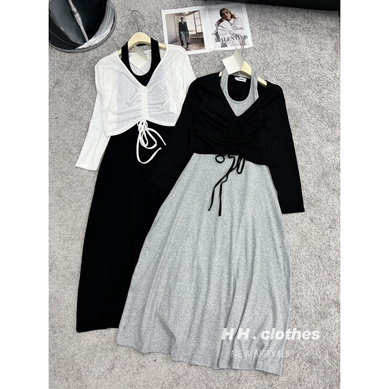 Set váy cổ yếm trơn dáng dài mix áo khoác ngoài rút dây