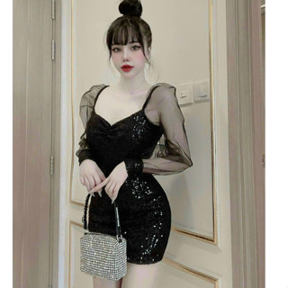  Đầm kim sa phối tay lưới thời trang nữ dự tiệc chất kim sa cổ vuông có mút có lót tay dài váy ôm body mini sang trọng 