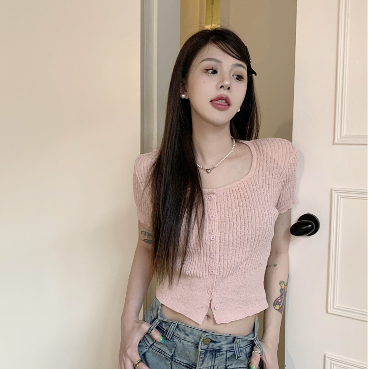 Áo dệt kim croptop dáng ôm cổ vuông có độn vai thời trang quyến rũ phong cách Hàn Quốc