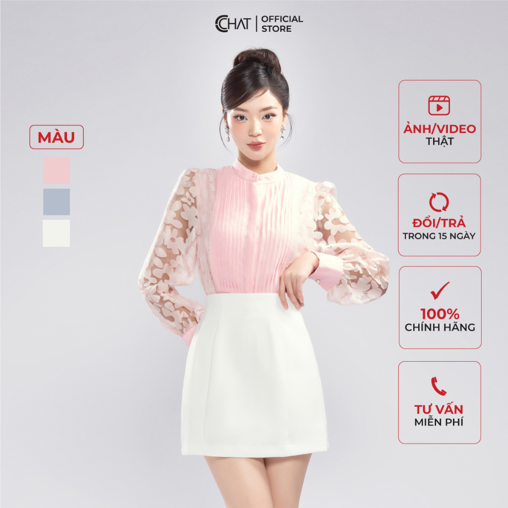 Áo Sơ Mi Nữ 𝐂𝐂𝐇𝐀𝐓 Kiểu Tay Phối Hoa Ly Ngực Chất Voan Cao Cấp 13FDV8012ST