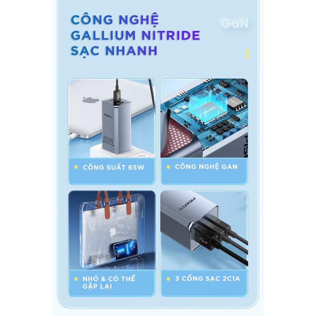 Combo sạc PISEN PRO 65W kèm cáp C to C, Model: TS-C137(C-C), dùng cho Laptop/Mac..BH 24 tháng - Hàng chính hãng