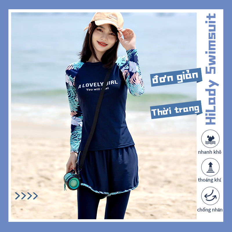 Lady1st Bikini nữ kín đáo Đùi 2023 ngắn Tay đi biển Hàn Quốc 3 mảnh bigsize du lịch Đẹp Co Giãn