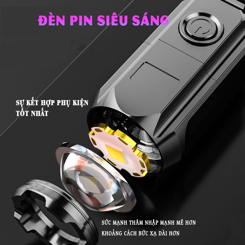 Đèn pin mini cầm tay siêu sáng chiếu xa 300M có Zoom xa gần, 18650 pin, chống thấm nước IP6x, đèn pin Led XPE T6 cầm tay