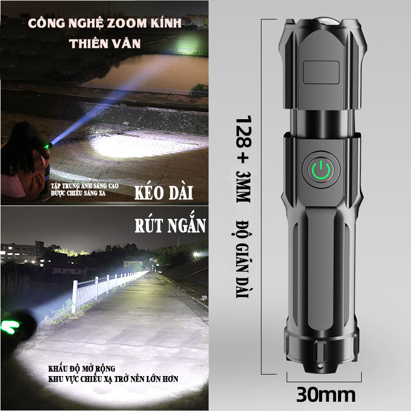 Đèn pin mini cầm tay siêu sáng chiếu xa 300M có Zoom xa gần, 18650 pin, chống thấm nước IP6x, đèn pin Led XPE T6 cầm tay
