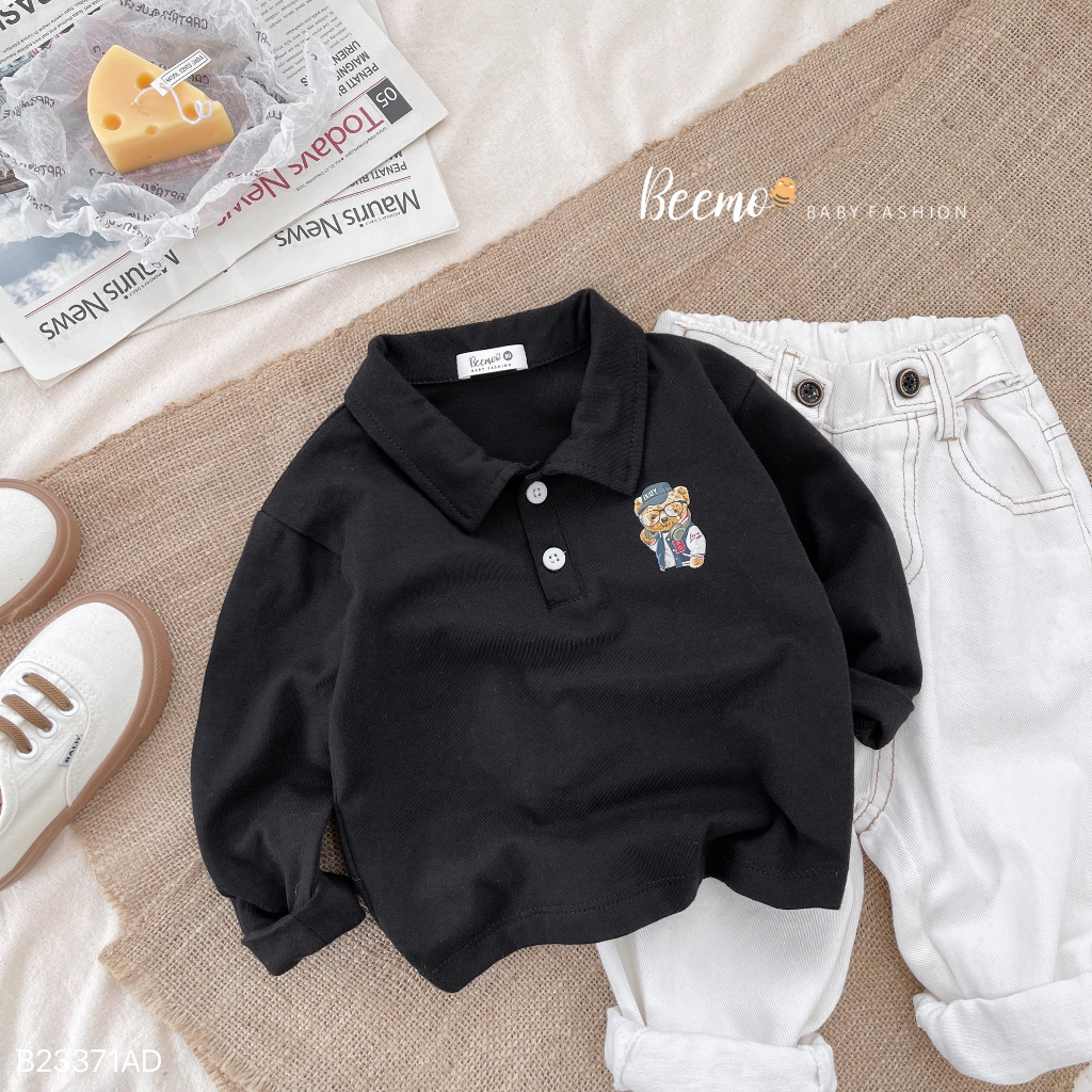Áo phông dài tay Beemo cho bé trai cổ đức, in hình gấu siêu cute vải cotton thoáng mát mặc đi học, đi chơi B23371AD