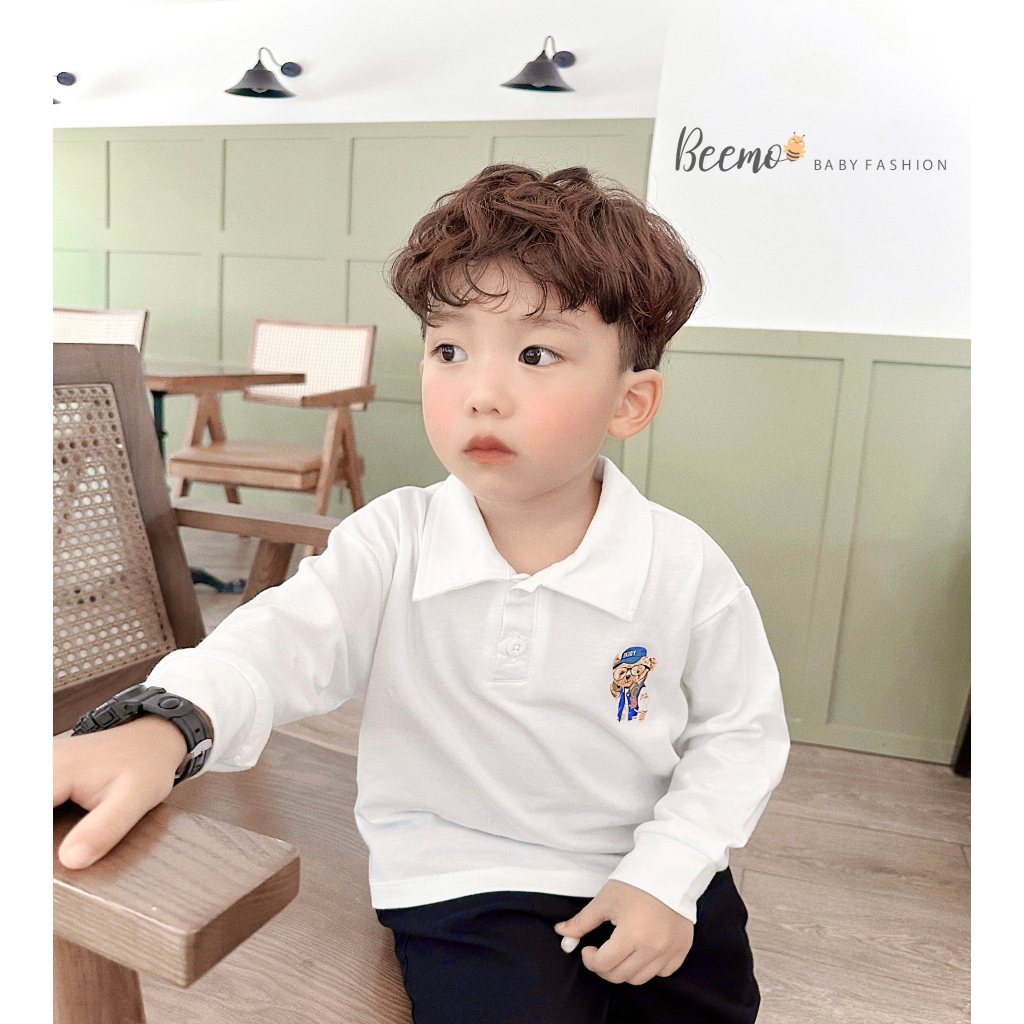 Áo phông dài tay Beemo cho bé trai cổ đức, in hình gấu siêu cute vải cotton thoáng mát mặc đi học, đi chơi B23371AD