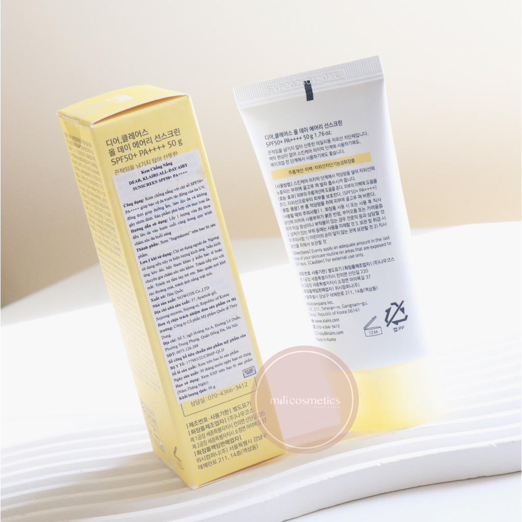 Kem chống nắng  Klairs All day Airy sunscreen SPF50+ PA++++ 50ml