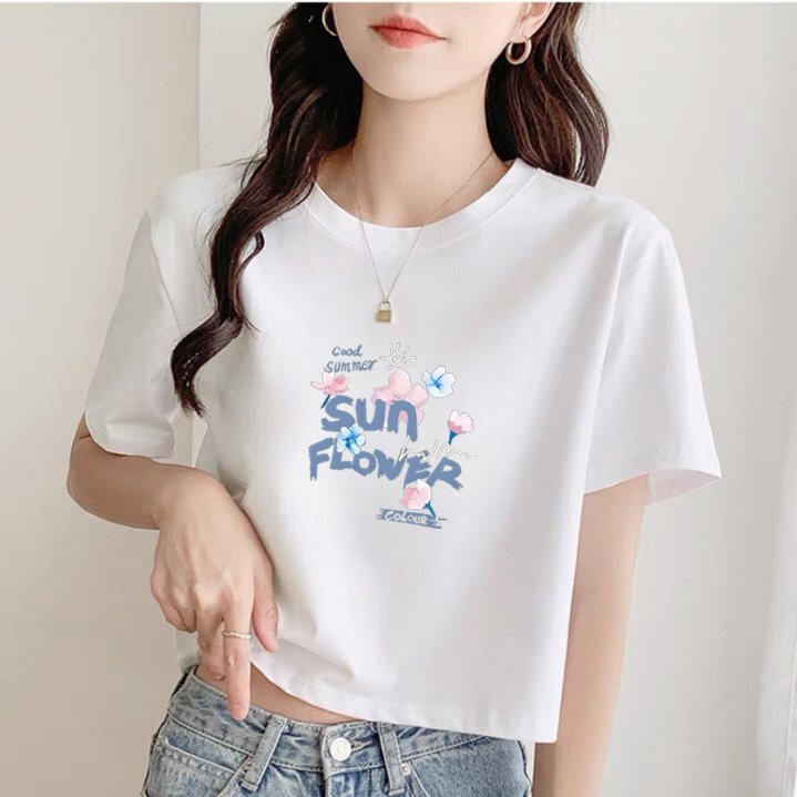 Áo croptop nữ form rộng in chữ Sun Flower - Áo phông nữ dáng ngắn Loza GT6494