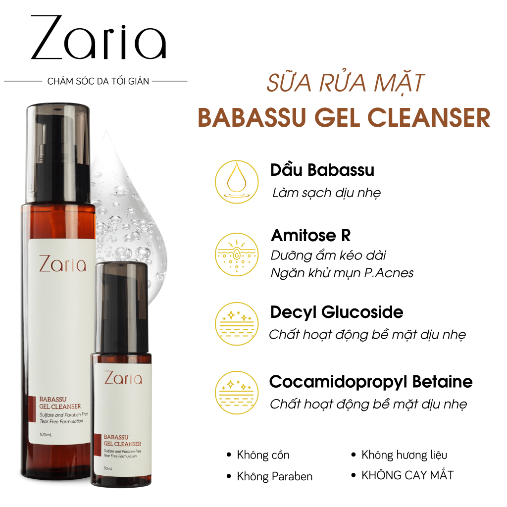 Gel Rửa Mặt Làm Sạch Mụn Đầu Đen, Mụn Trứng Cá Zaria Babassu Gel Cleanser 30ml