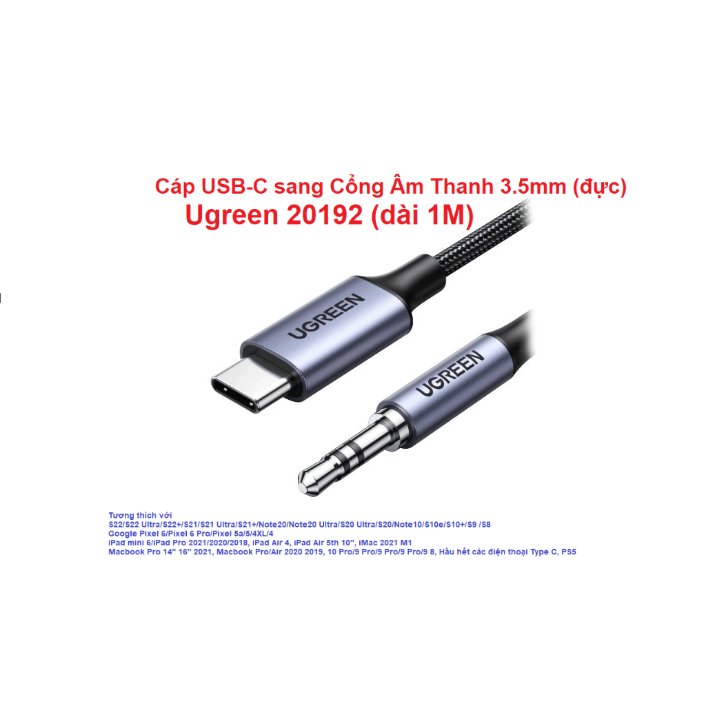 Cáp USB Type C sang Cổng Âm Thanh 3.5mm (đực) dài 1M Ugreen 20192 (có Chip DAC)