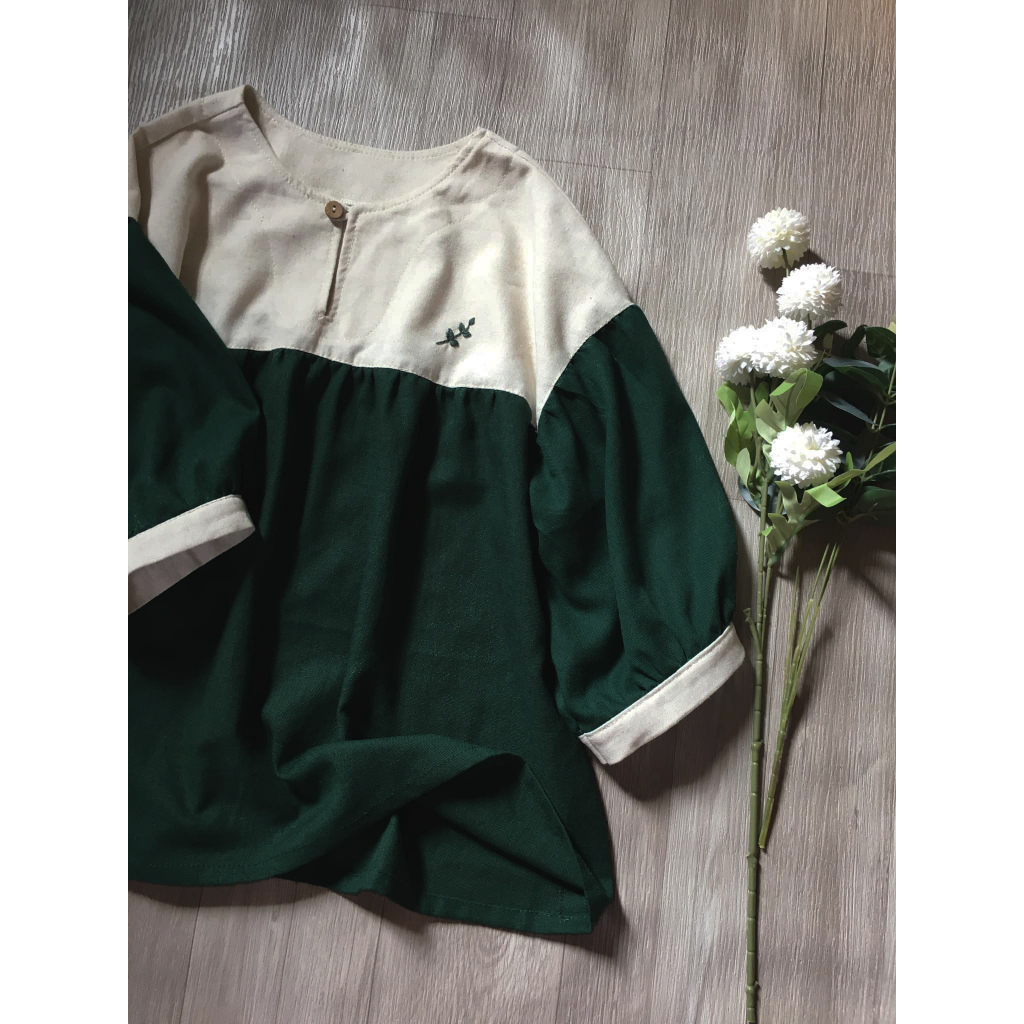 Áo linen babydoll muối tiêu- xanh lá đậm
