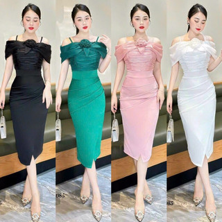 Đầm dự tiệc body áo tơ gân trễ vai _ Đầm thiết kế nhều form size M.L.XL.2XL