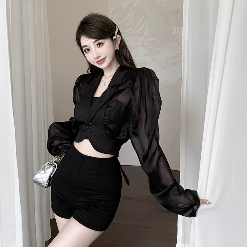 Áo blazer HAVADW dáng croptop xẻ lưng màu đen  VE33