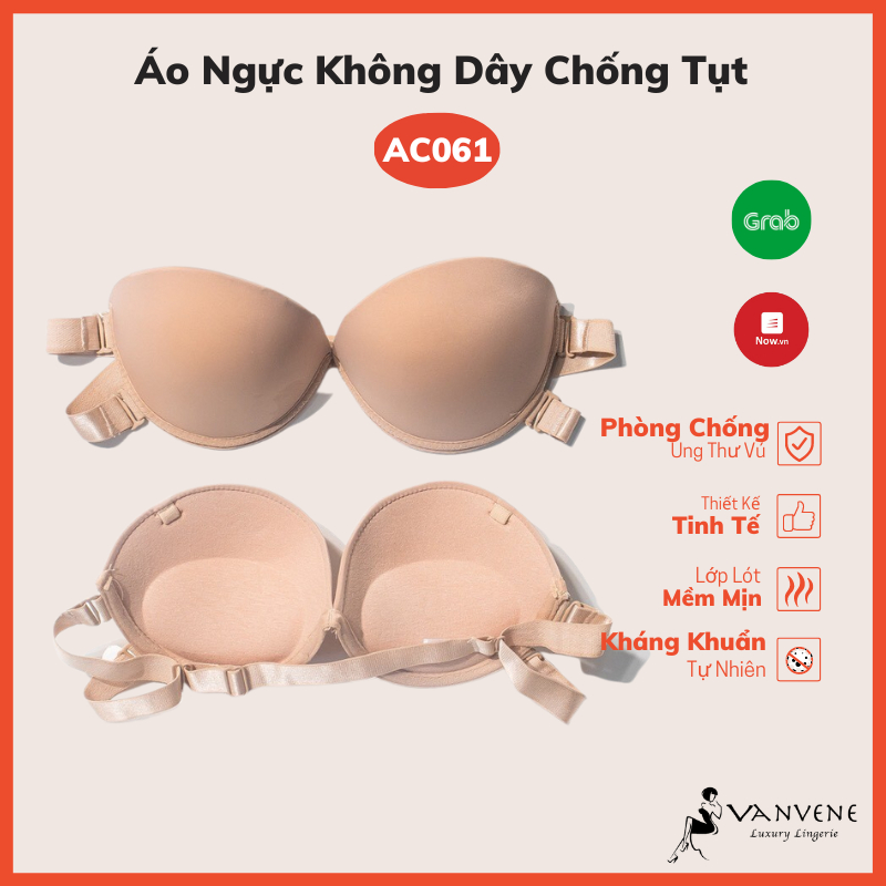 Áo ngực Vanvene AC061, áo cup ngực chống tụt đệm dày nâng ngực không dây tặng kèm dây trong suốt