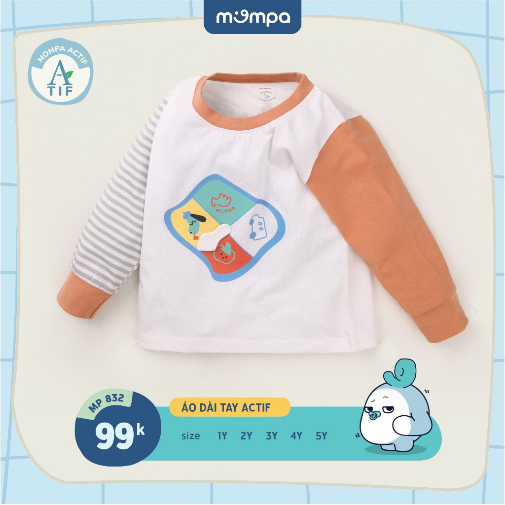 Áo dài tay cho bé Mompa từ 1 đến 5 tuổi vải Cotton Actif mềm mại co giãn thấm hút MP 832