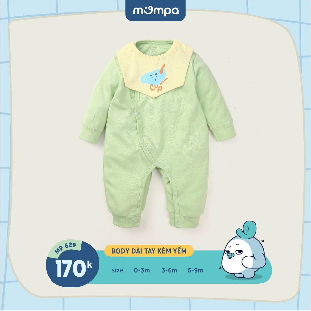 Bodysuit sơ sinh cho bé kèm yếm Mompa 0-9 tháng dài tay vải Cotton nỉ mềm mại co giãn 629