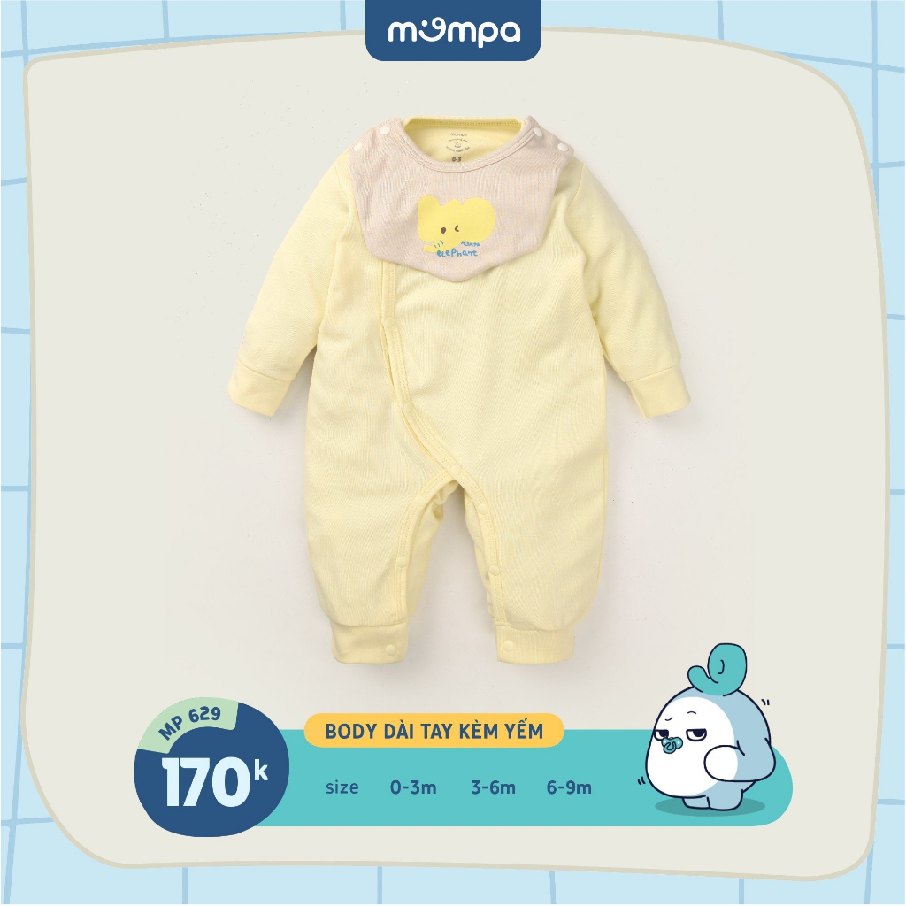 Bodysuit sơ sinh cho bé kèm yếm Mompa 0-9 tháng dài tay vải Cotton nỉ mềm mại co giãn 629