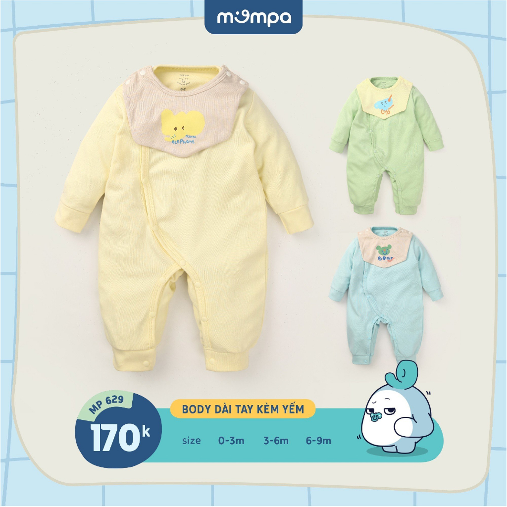 Bodysuit sơ sinh cho bé kèm yếm Mompa 0-9 tháng dài tay vải Cotton nỉ mềm mại co giãn 629