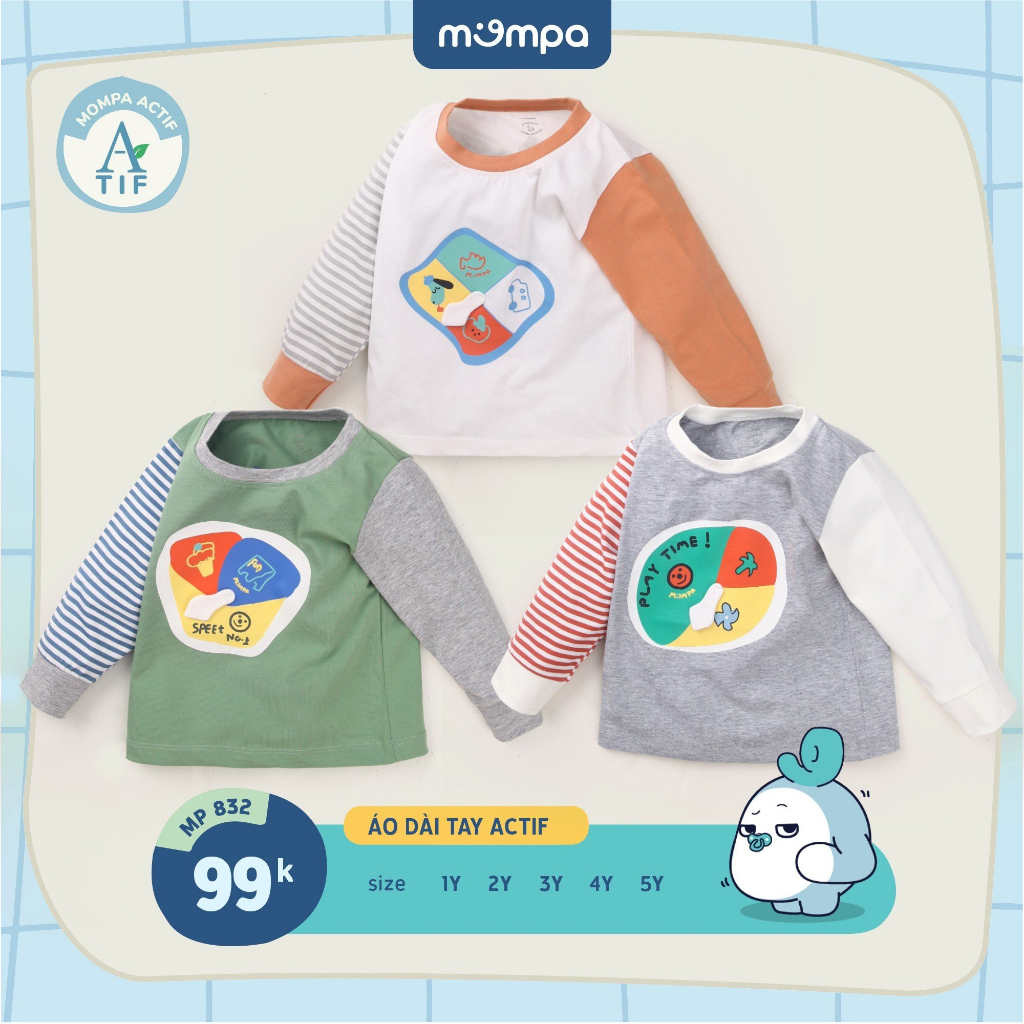 Áo dài tay cho bé Mompa từ 1 đến 5 tuổi vải Cotton Actif mềm mại co giãn thấm hút MP 832
