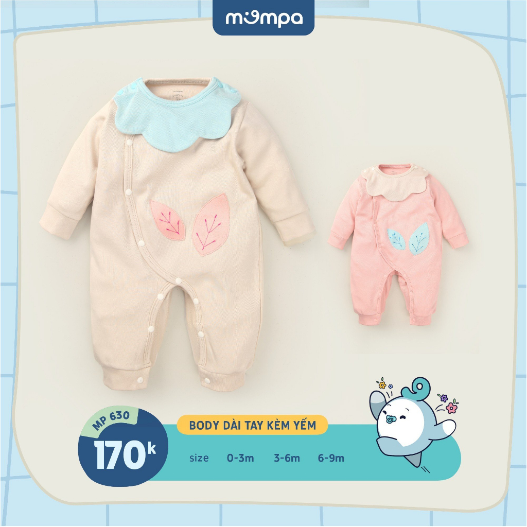 Bodysuit cho bé sơ sinh Mompa kèm yếm từ 0 đến 9 tháng dài tay cài chéo vải Cotton nỉ mềm mại MP 630