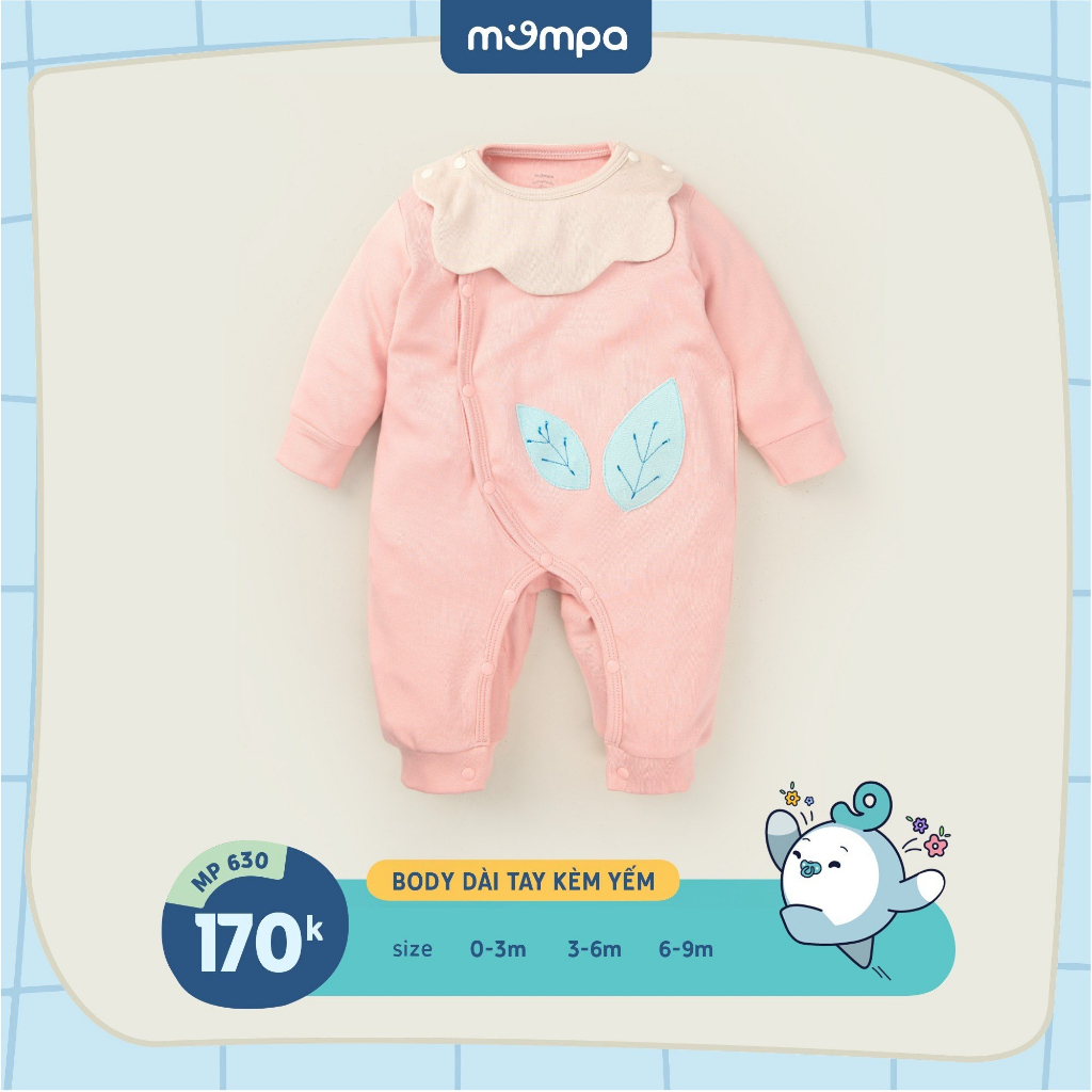 Bodysuit cho bé sơ sinh Mompa kèm yếm từ 0 đến 9 tháng dài tay cài chéo vải Cotton nỉ mềm mại MP 630