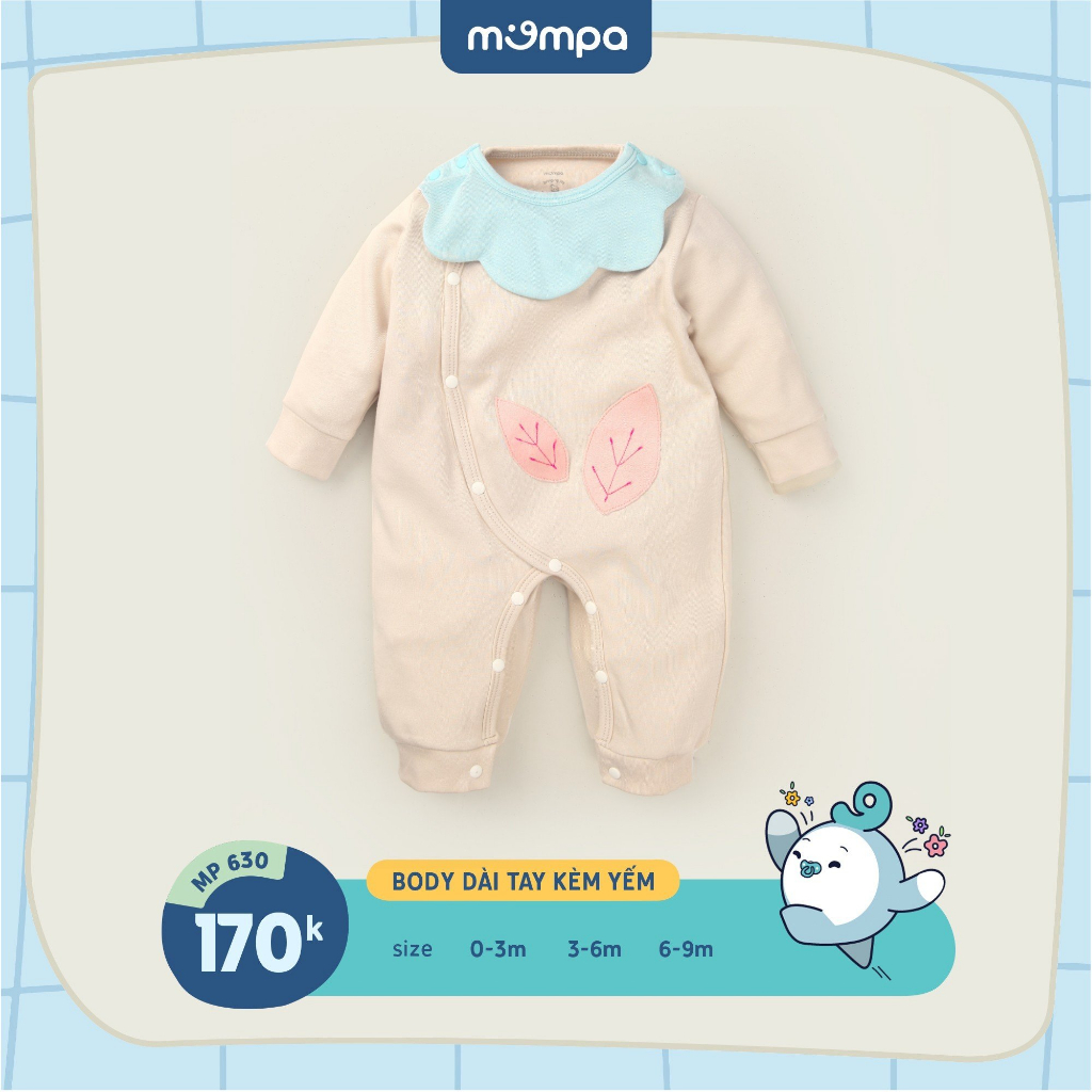 Bodysuit cho bé sơ sinh Mompa kèm yếm từ 0 đến 9 tháng dài tay cài chéo vải Cotton nỉ mềm mại MP 630