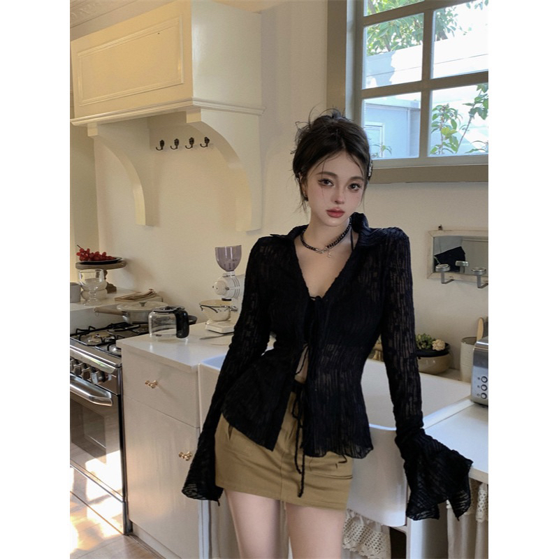 SET 4 MÓN Áo Sơ Mi Nữ Tay Dài BRA HAI DÂY CHÂN VÁY KAKI NÂU KÈM BELT