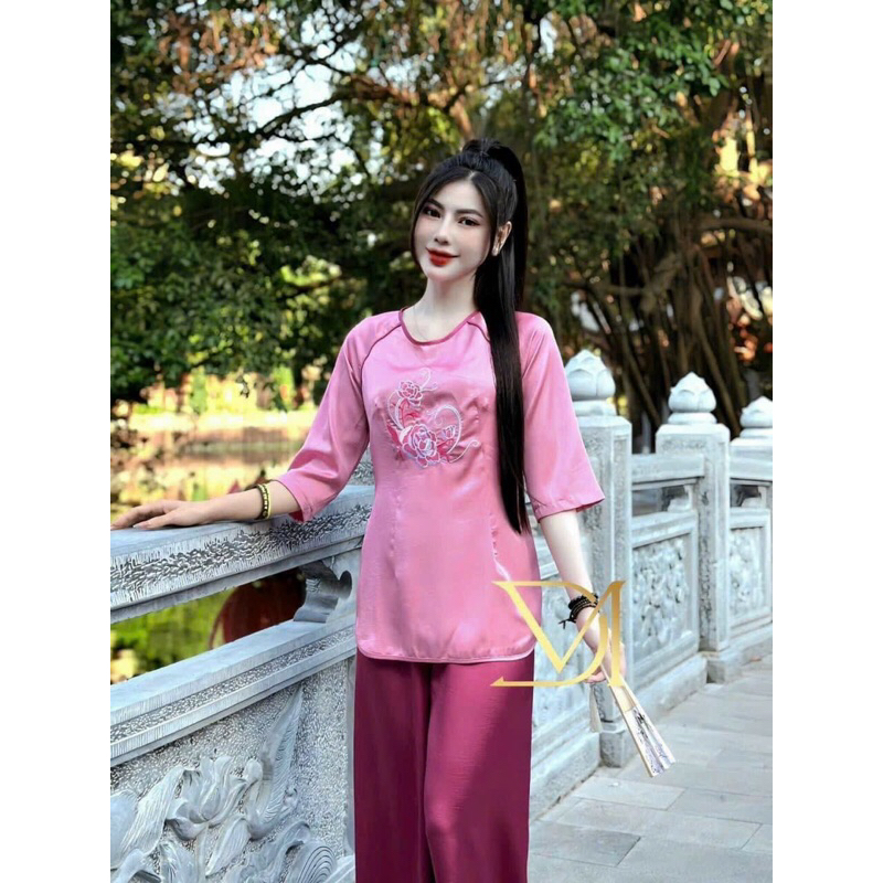 *Sét bà ba thêu thời trang nữ mặc đi lễ chùa chất liệu Tuyết Nhung cổ tròn viền tay lỡ quần dài ống rộng