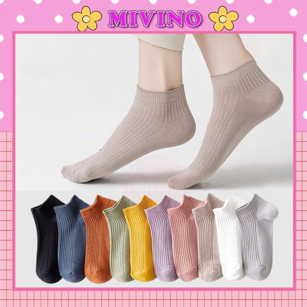 Set 10 đôi tất cổ ngắn Mivino tất trơn len gân nhiều màu hàn quốc TN126