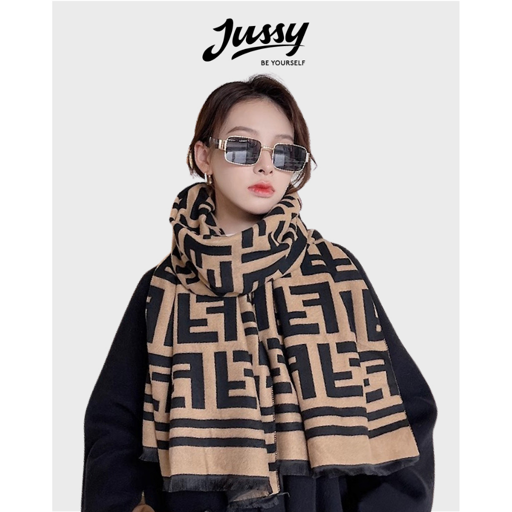 Khăn Choàng Cổ FF Jussy Official Khăn Len Dày Màu Nâu Đen Họa Tiết Hot Trend  Chất Len Dày Ấm Áp Dài 180x90cm