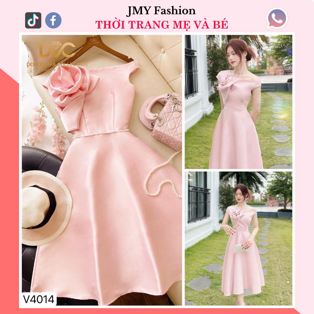 đầm hồng tafta lệch vai dáng dài