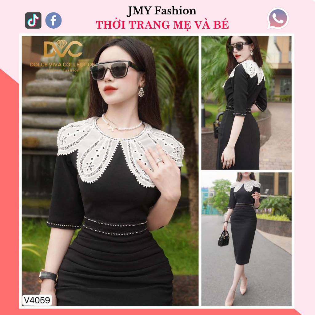 V4059 Váy đen bút chì cổ hoa trắng nữ tính  váy đầm đen body công sở