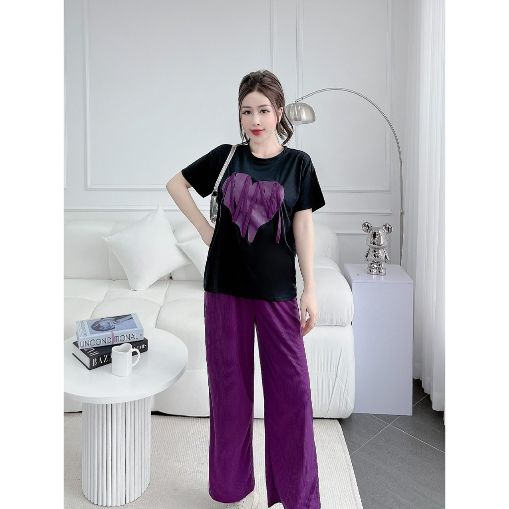 Đồ bộ ống rộng suông quần thun gân phối áo cotton form rộng-TM24