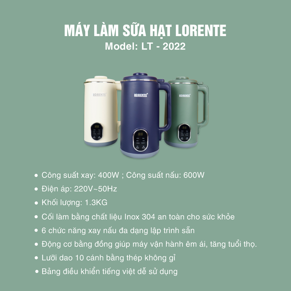 Máy xay nấu sữa hạt mini cao cấp Lorente LT-2022 600W dung tích 0.8 Lít, 6 lưỡi dao - 6 chức năng (Màu ngẫu nhiên)