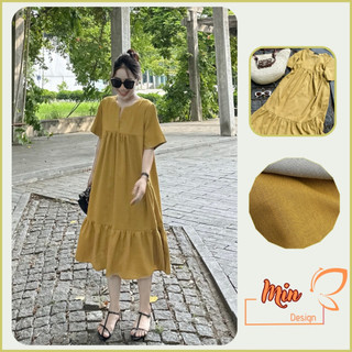 Đầm Babydoll dáng dài phong cách Hàn Quốc V86 màu Vàng, phom váy suông rộng, vải linen cực mát, thấm hút cực tốt