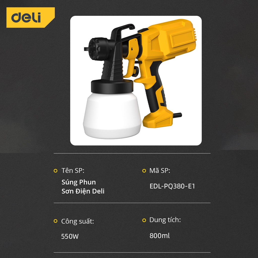 Súng Phun Sơn Điện Deli - Máy Phun Sơn Cầm Tay Công Suất 550W Dung Tích 800ml 4 Kiểu Phun Có Thể Thay Đổi