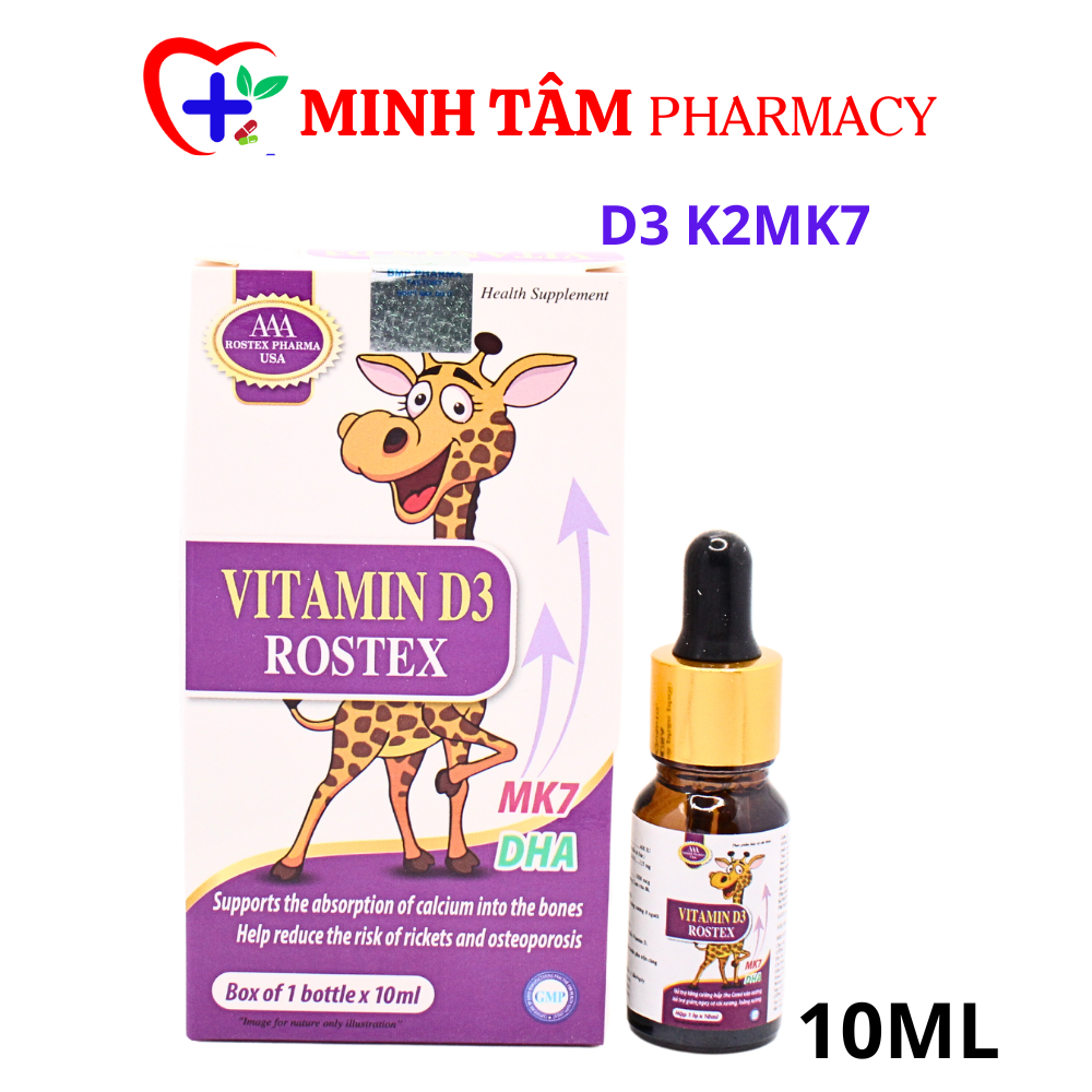 Vitamin D3 400 iu, Vitamin K2 MK7 tăng cường hấp thu canxi, phát triển chiều cao, bé thông minh - 10ml (D3 Rostex)