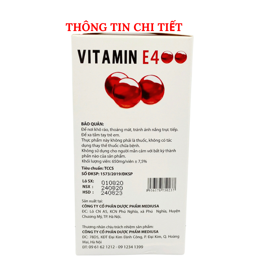 Vitamin E Đỏ Nga giúp sáng da, mịn da, mờ thâm sạm, ngăn lão hóa sớm, cấp ẩm và giúp da tươi trẻ - Hộp 100 Viên