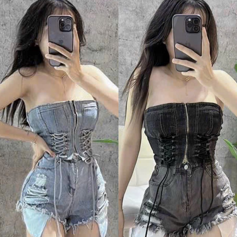 Áo Ống Jeans Khoá Kéo Đan Rút Siết Eo Croptop