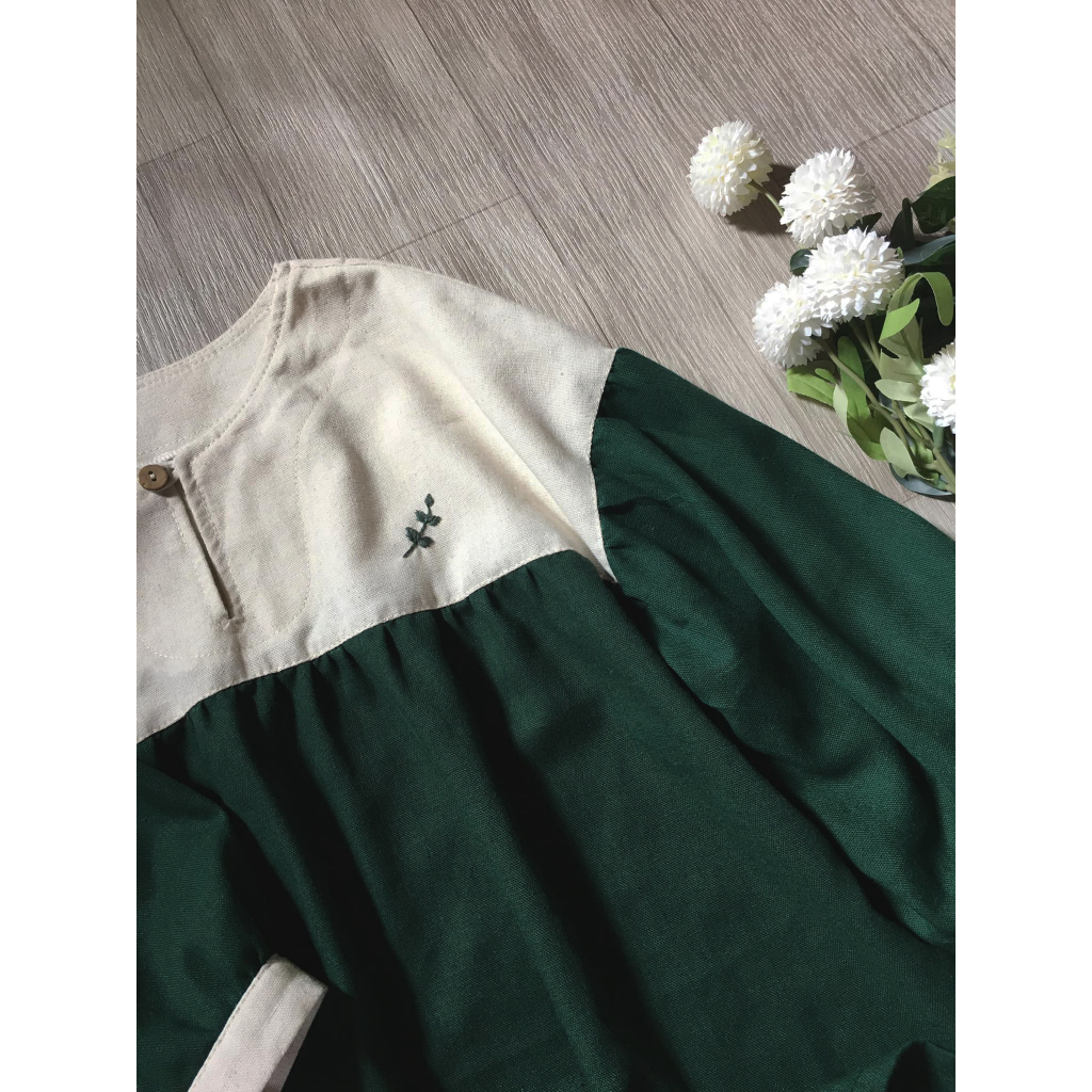 Áo linen babydoll muối tiêu- xanh lá đậm