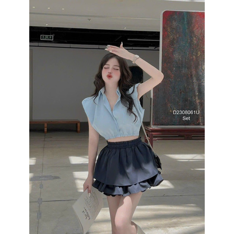 Set bộ áo sơ mi croptop có đệm vai kèm quần váy cá tính VIENS STORE