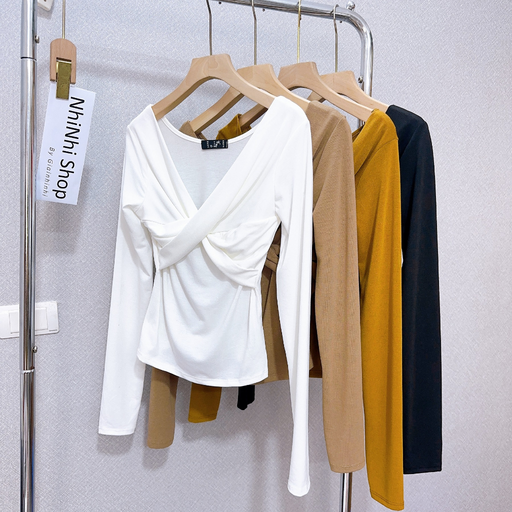 Áo thun mỏng xoắn ngực dáng ôm sexxy, Áo kiểu ôm body dài tay AT7411 - NhiNhi Shop