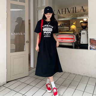 Váy suông cộc tay chiết eo in chữ TER MI, đầm xếp ly tay lỡ dáng dài hai màu dáng dài mềm mại