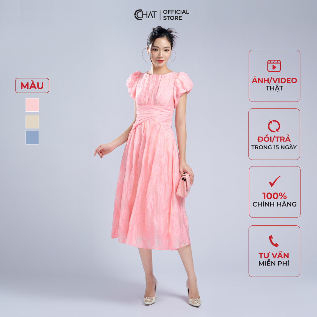 Đầm Nữ 𝐂𝐂𝐇𝐀𝐓 Dáng Xòe Nhún Eo Xéo Kiểu Chất Voan Cao Cấp Bay Bổng 13VNV5010XT