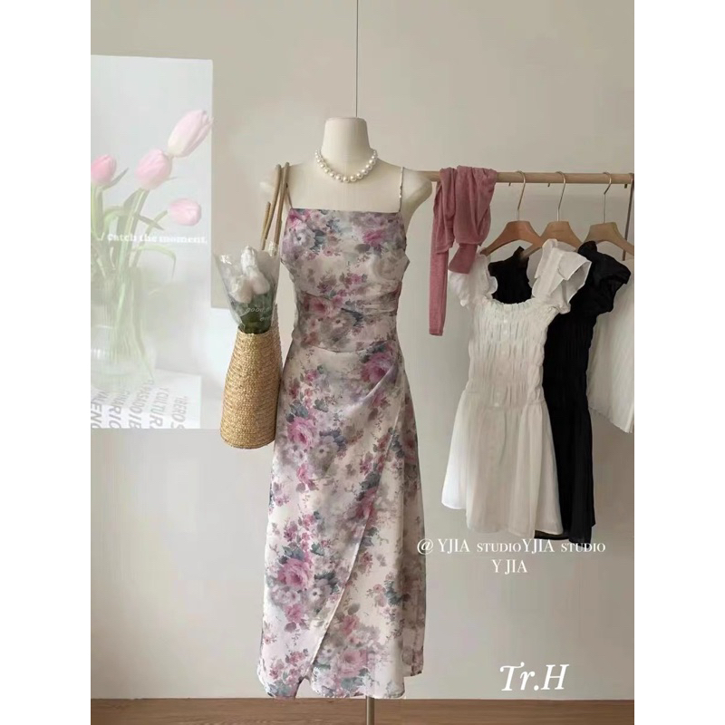 Set Áo Khoác Cardigan Phối Váy Hai Dây Hoa Nhí Hàng QC